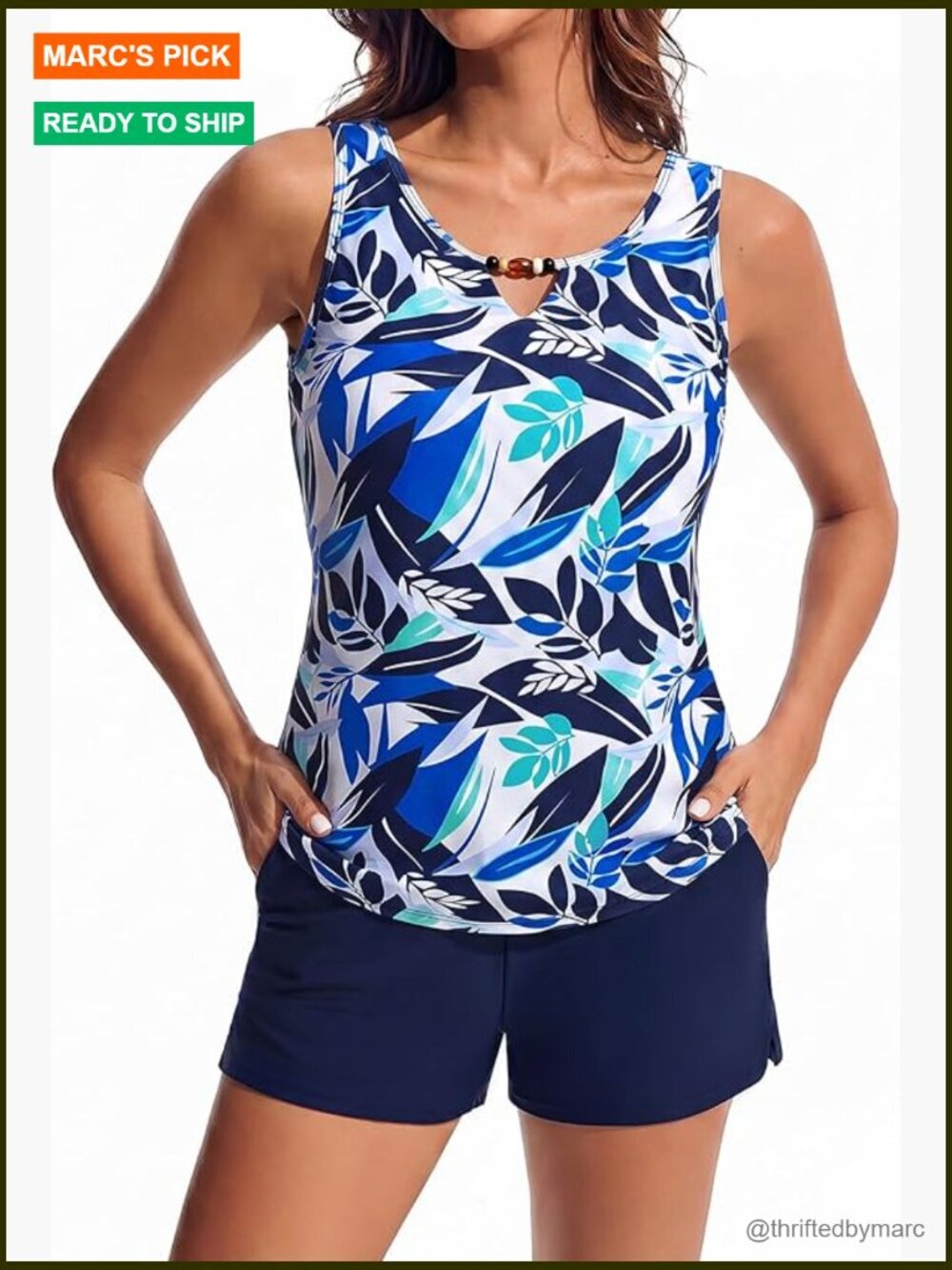 2 Piece Tankini Swimsuit with Sporty Shorts V Neck Beads